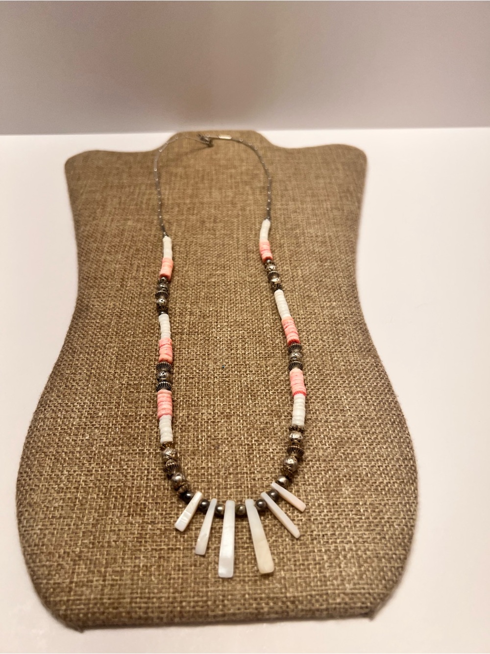 Pink and White Beaded Pendant Necklace with Mother-of-Pearl Bars